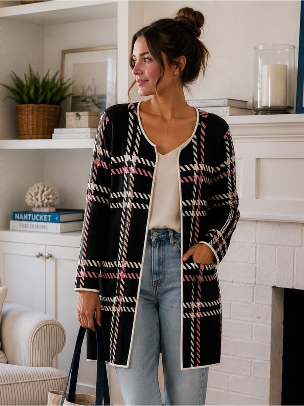 Talbots Black Plaid Open-Front Coat Cardigan with Snap Buttons Pink Cream Trim
